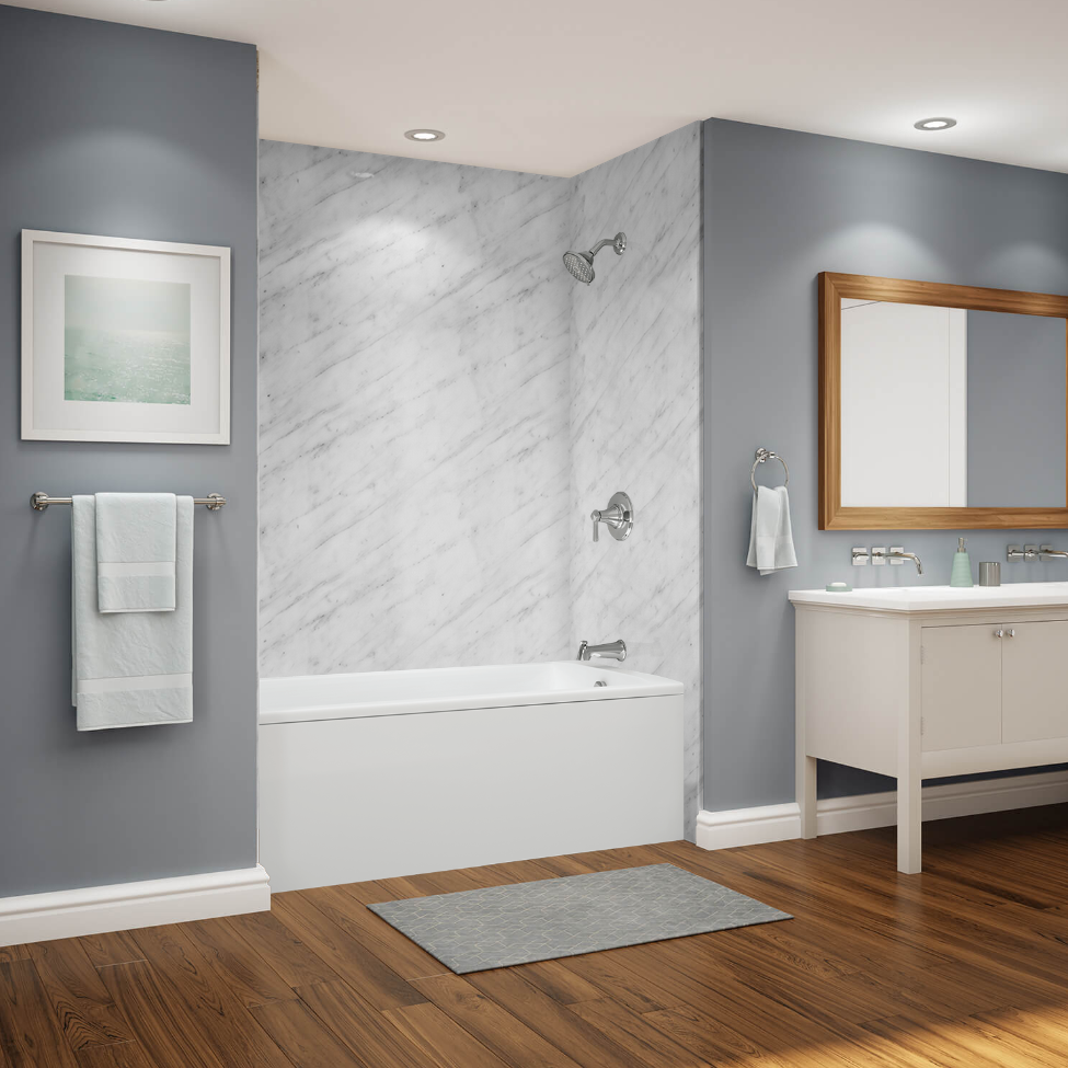 A Carrera marble-look acrylic shower wall finish